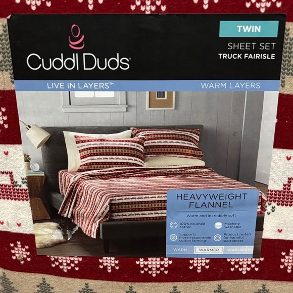 Cuddl Duds Festive Holiday Red Truck Heavyweight Twin Flannel Sheets Winter NWT - Picture 2 of 13